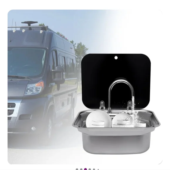 Stainless steel drop in foldable sink by Front. Perfect for RV or bar.